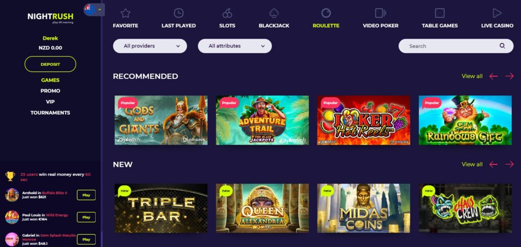 Screenshot of the Nightrush casino games page.