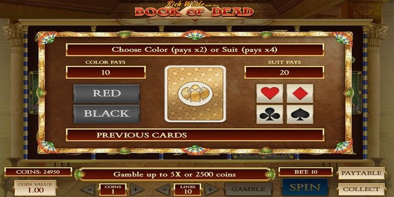 double up gamble feature in the book of dead slot game.