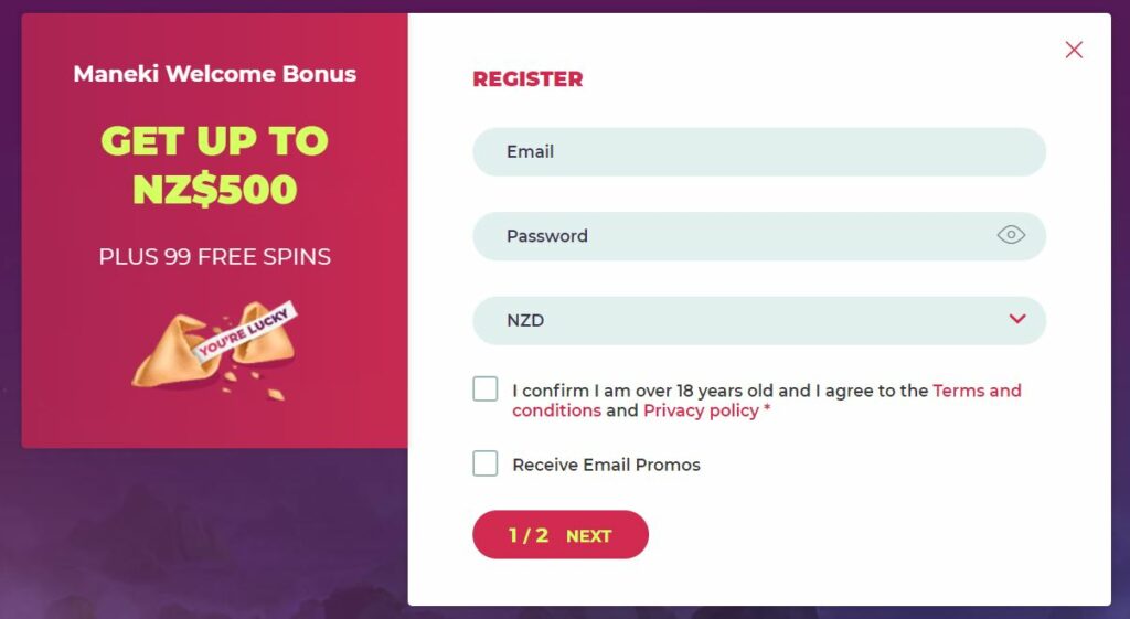 screenshot of the registration form at Maneki casino.