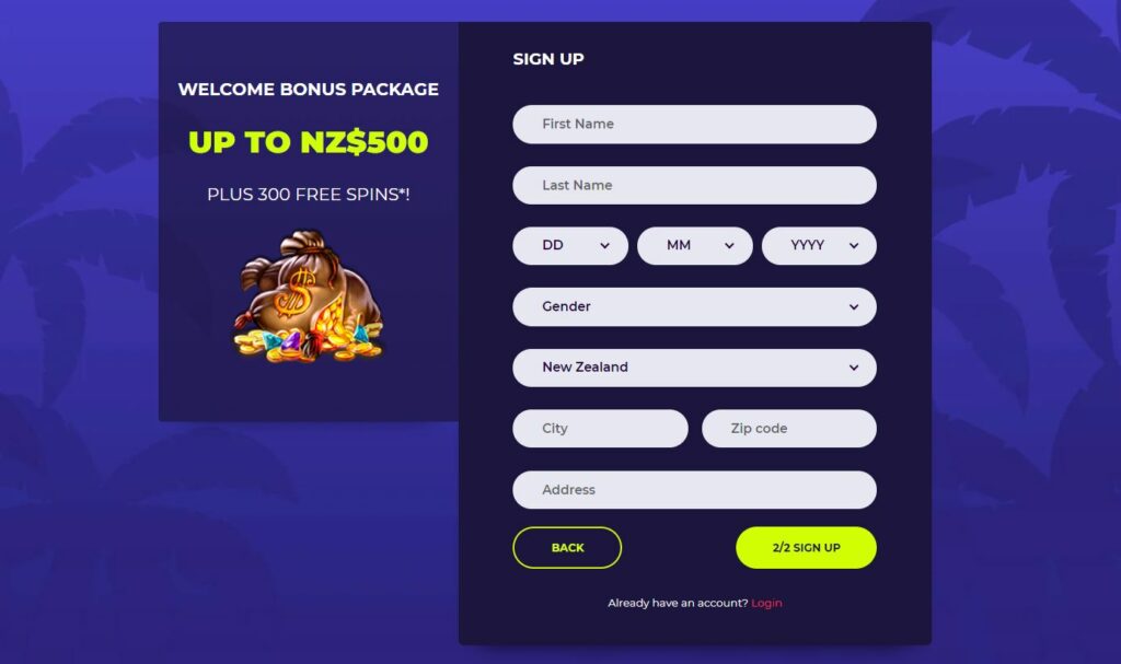 Nighrush casino registration page.