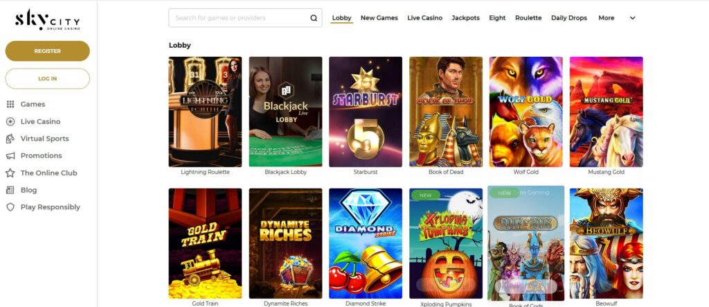 Sky City Online Casino homepage screenshot