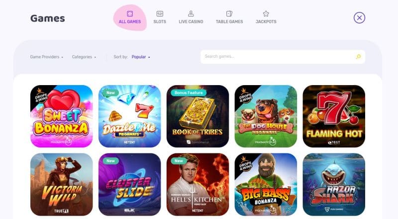 emojino casino games page screenshot