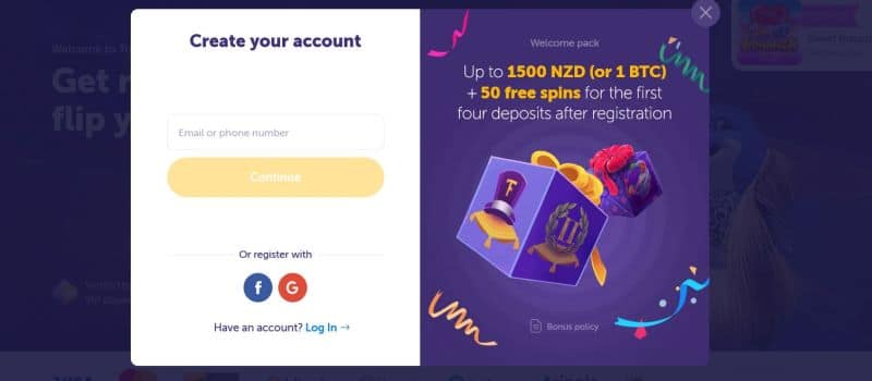 screenshot of the true flip casino signup page