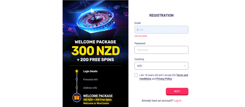 Screenshot: Woo casino registration page