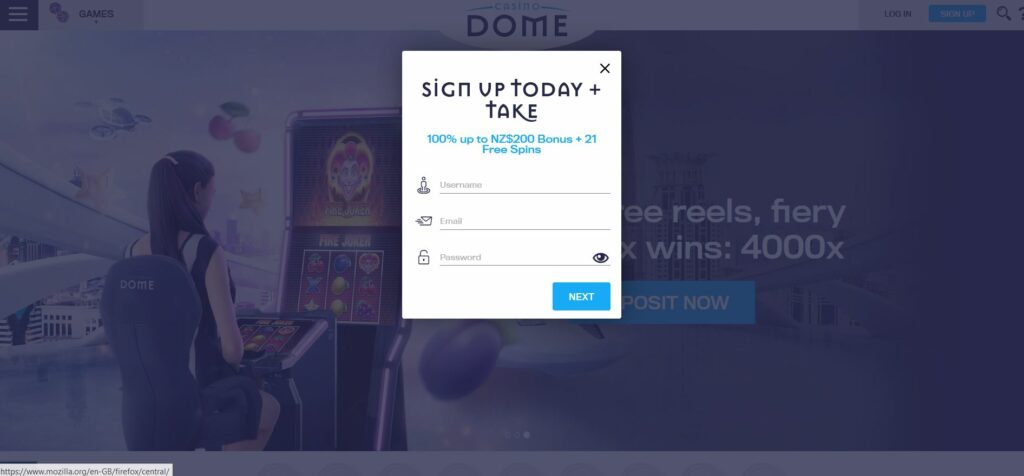 Screenshot of the Casino Dome sign up form. 