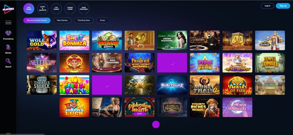 Games page at Playerz casino