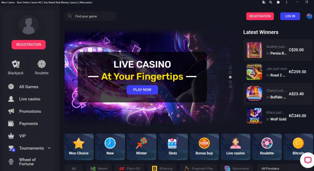 Screenshit: Woo casino homepage in app