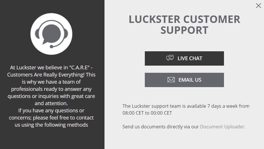 Luckster support page screesnhot