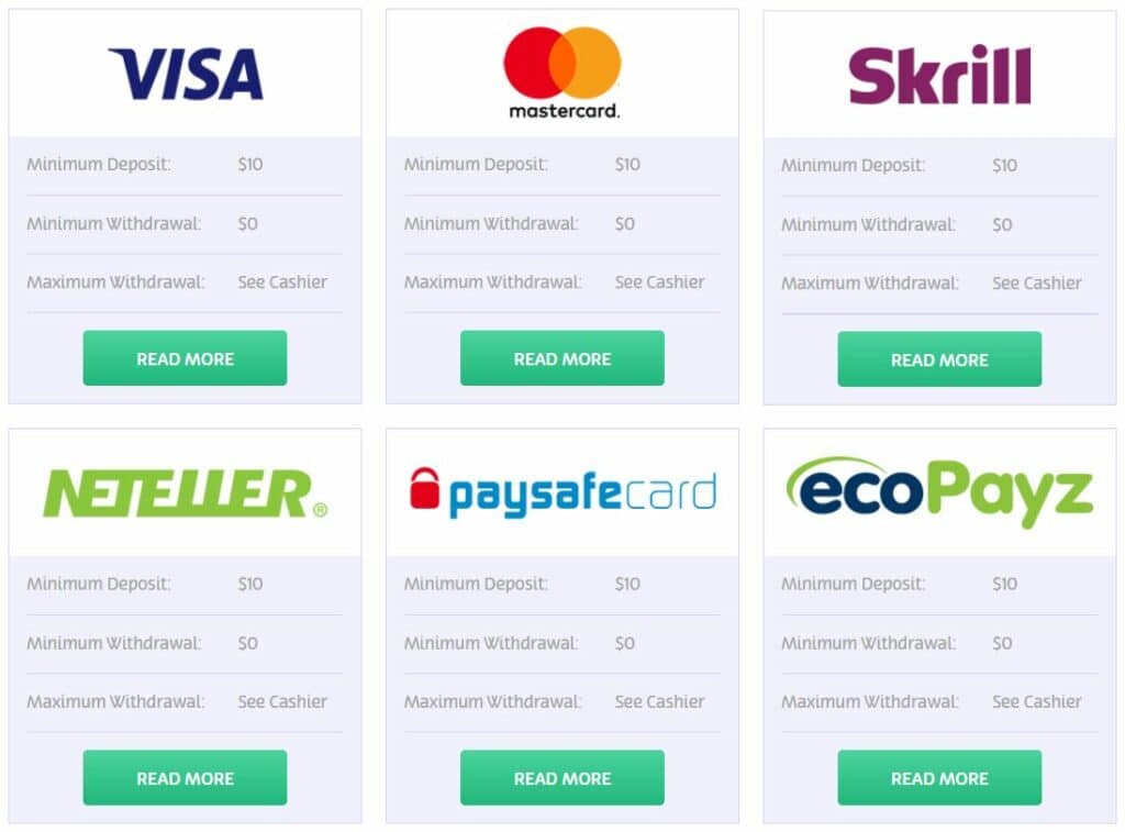 All payment method types at Playojo casino