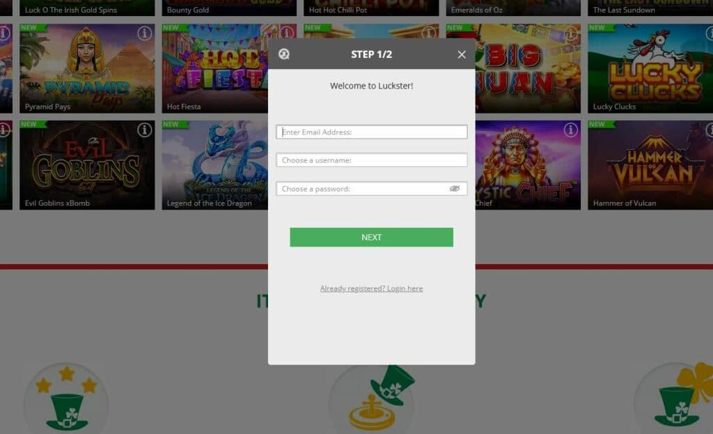 Luckster casino registration page