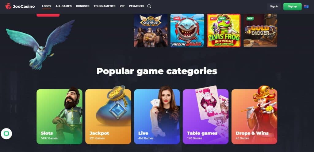 Joo casino homepage screenshot