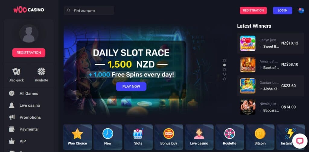 Screenshot: Woo casino homepage