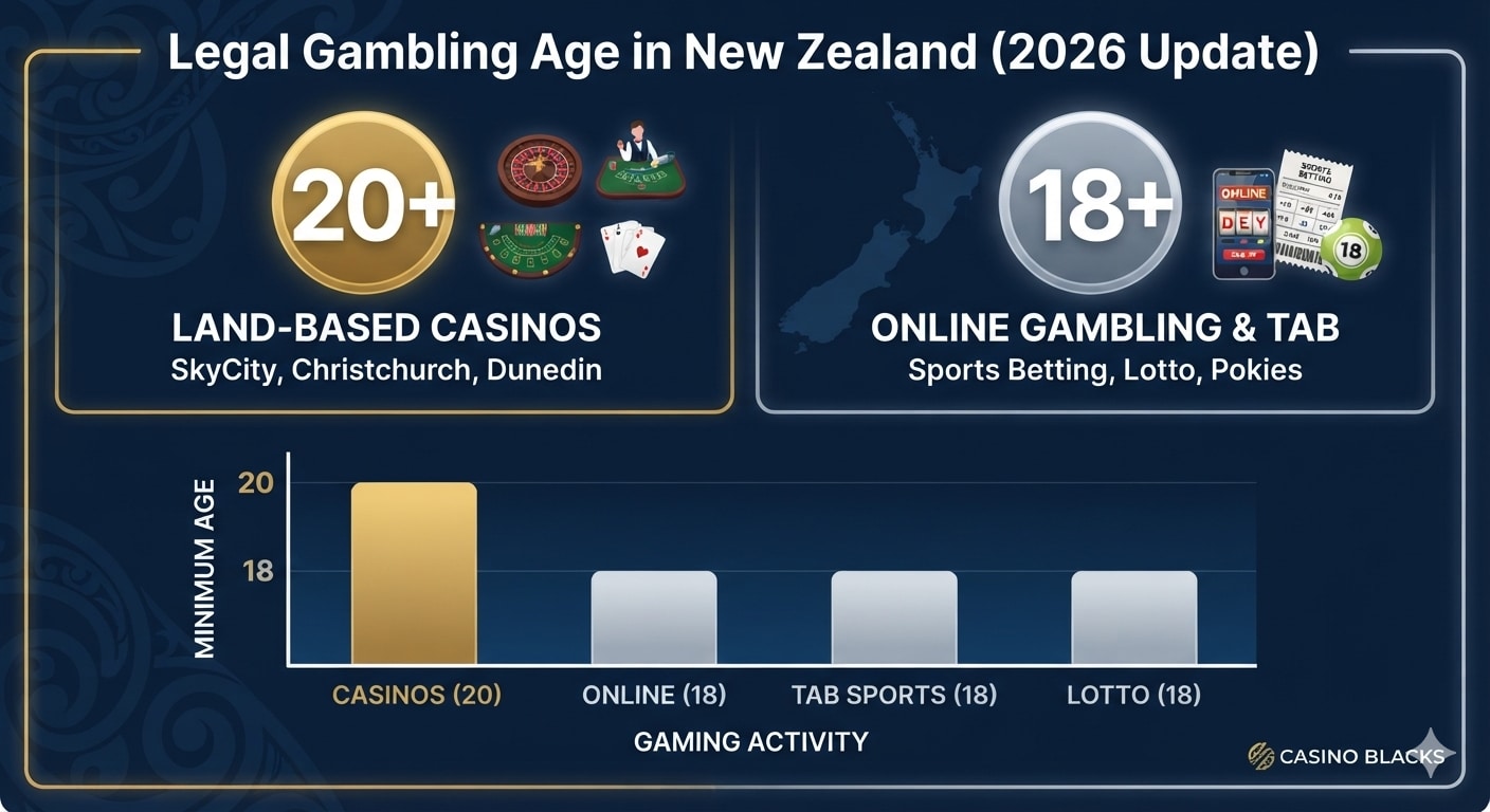 Infographic showing the legal gambling age in New Zealand for 2026, comparing the 20 plus age limit for physical land-based casinos against the 18 plus age limit for online casinos, TAB sports betting, Lotto, and pokies.